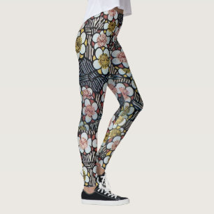 HAIKU/ BLACK WHITE PINK YELLOW SPRING FLOWERS LEGGINGS