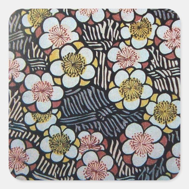 HAIKU/ BLACK WHITE PINK YELLOW SPRING FLOWERS SQUARE STICKER (Front)