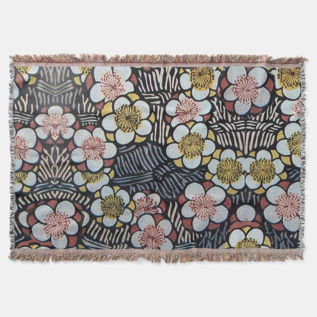 HAIKU/ BLACK WHITE PINK YELLOW SPRING FLOWERS THROW BLANKET (Front)