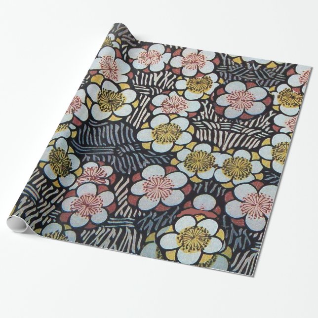 HAIKU BLACK WHITE PINK YELLOW SPRING FLOWERS WRAPPING PAPER (Unrolled)