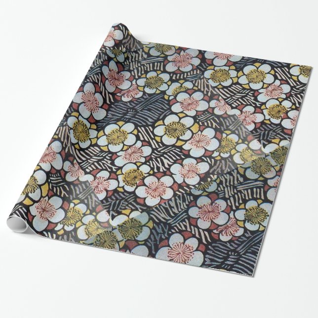 HAIKU/ BLACK WHITE PINK YELLOW SPRING FLOWERS WRAPPING PAPER (Unrolled)