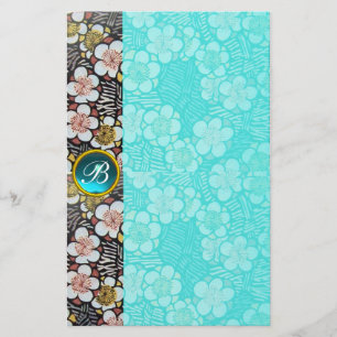 HAIKU/BLACK WHITE SPRING FLOWERS BLUE GEM MONOGRAM STATIONERY