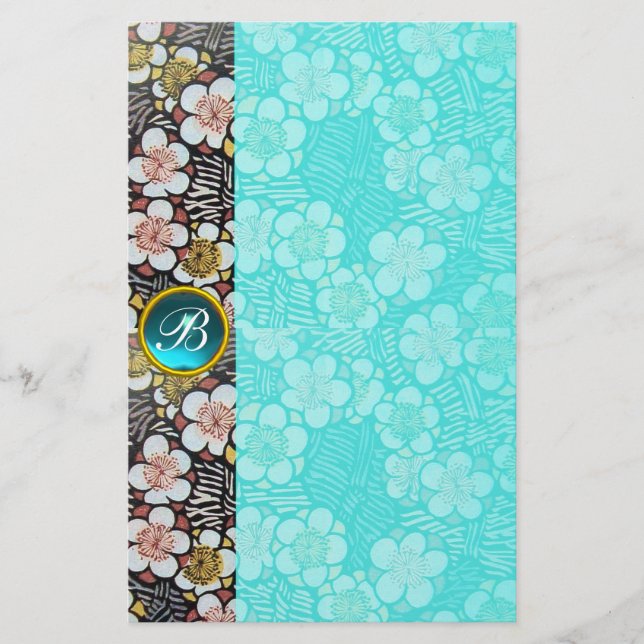 HAIKU/BLACK WHITE SPRING FLOWERS BLUE GEM MONOGRAM STATIONERY (Front)