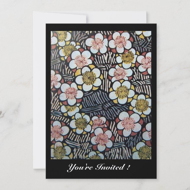 HAIKU/ BLACK WHITE YELLOW PINK SPRING FLOWERS INVITATION (Front)