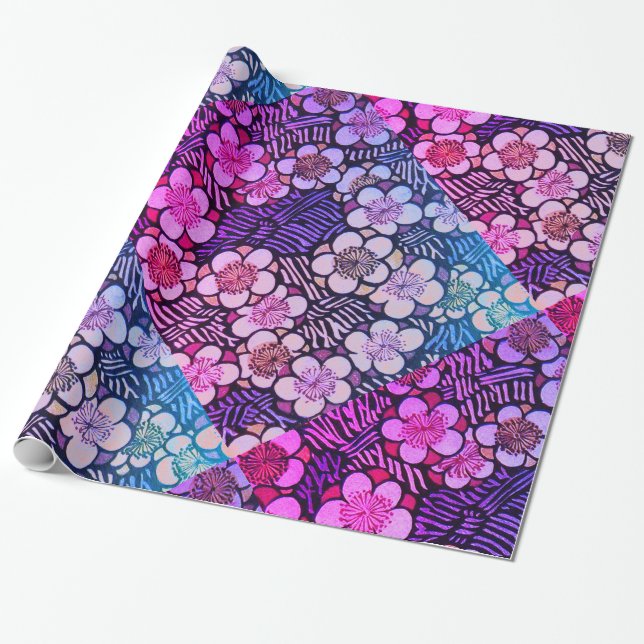 HAIKU/ PINK PURPLE BLUE SPRING FLOWERS Floral Wrapping Paper (Unrolled)