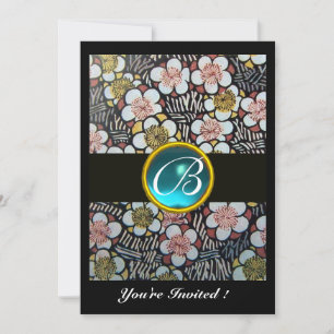 HAIKU/ SPRING FLOWERS BLUE TURQUOISE GEM MONOGRAM INVITATION