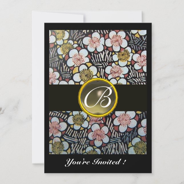 HAIKU /SPRING FLOWERS GREY AGATE GEM MONOGRAM INVITATION (Front)