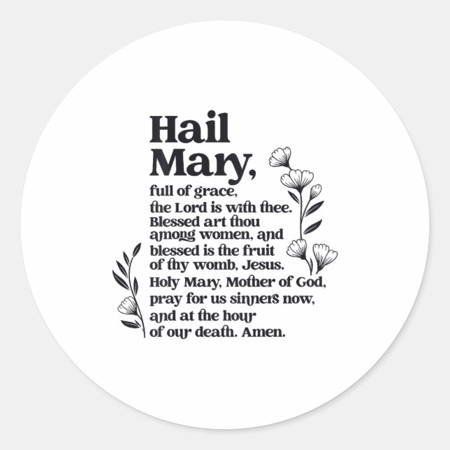 Hail Mary Prayer Marian Floral Christian Blessed M Classic Round Sticker (Front)