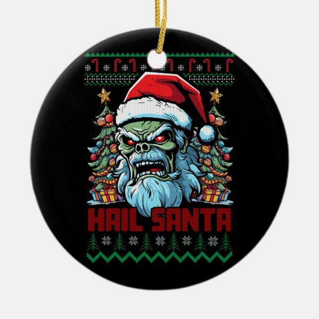 Hail Santa Heavy Metal Headbanger Ugly Christmas X Ceramic Tree Decoration (Front)