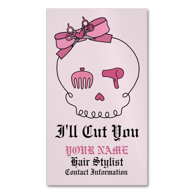 Hair Accessory Skull (Bow Detail Pink w/ Text 4) Magnetic Business Card (Front Vertical)