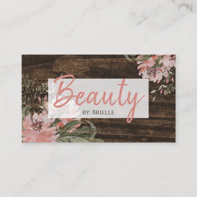 Hair and Beauty Salon Rustic Dark Wood Floral Business Card (Front)