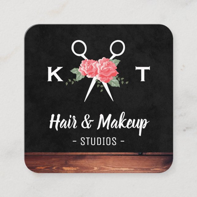 Hair and Makeup Flowers Monogram Square Business Card (Front)