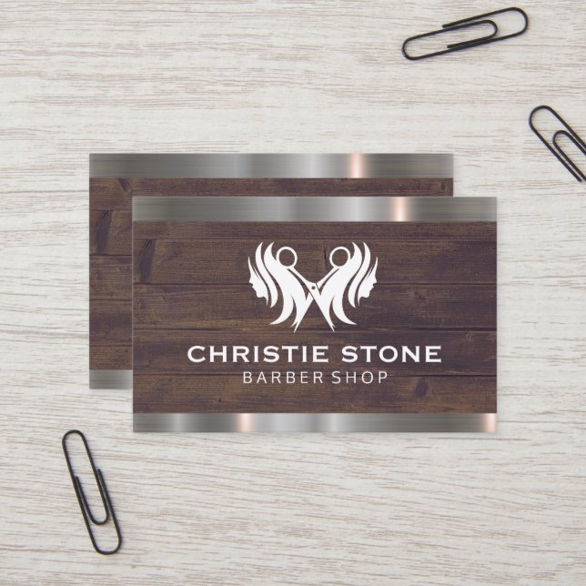 Hair and Scissors | Wood Metal Trim  Business Card (Front/Back In Situ)
