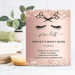 Hair beauty salon rose gold glitter pricelist flyer<br><div class="desc">A rose gold gradient background,  with glitter sparkles,  black scissors and eye lashes.  On front: The text: Price list. Personalise and add your name and address.
Back:  your text,  prices.

To keep the swashes only delete the sample text,  leave the spaces or emoji's in front and after the text.</div>