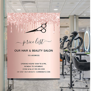 Hair beauty salon rose gold glitter pricelist flyer