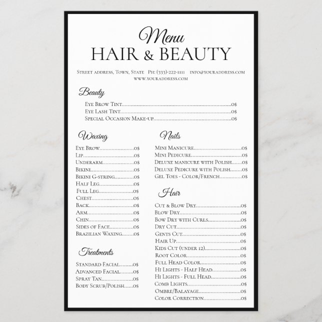 Hair Beauty Waxing Nails Black Border Price List Flyer (Front)