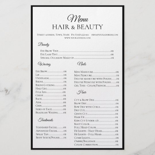 Hair Beauty Waxing Nails Black Border Price List Flyer Zazzle.co.uk