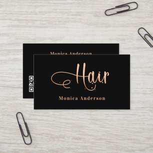 Hair black rose gold elegant QR code Business Card