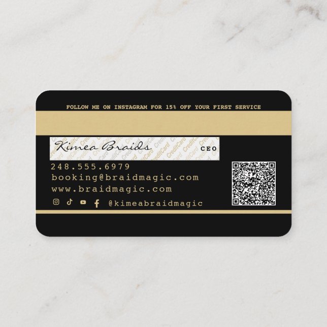 Hair Braider Braiding Salon Black & Gold Credit Bu Business Card (Back)