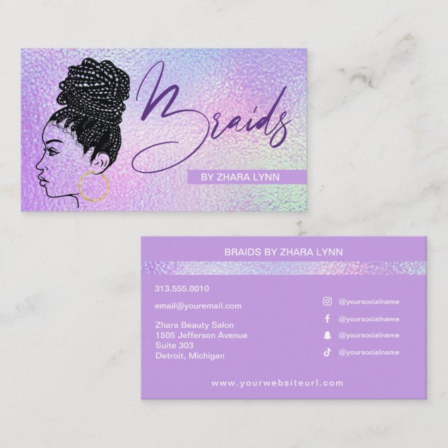 Hair Braider Braiding Stylist Salon Holographic Bu Business Card (Front/Back)