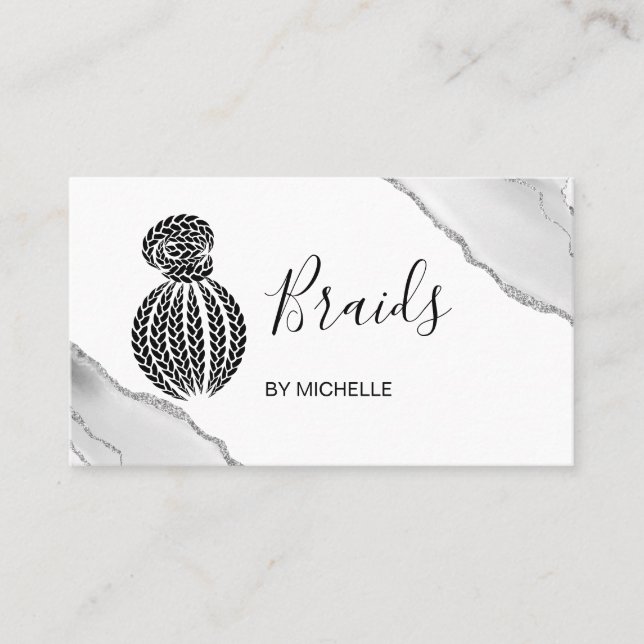  Hair Braider, hair Salon for Braids, Silver Agate Business Card (Front)