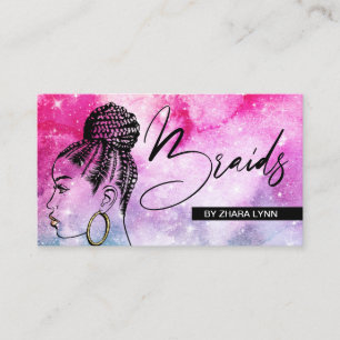 Hair Braider Salon Stylist Braids Pink Watercolor  Business Card