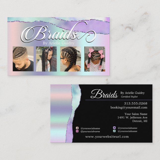 Hair Braiding Braid Salon Pastel Iridescent Purple Business Card (Front/Back)