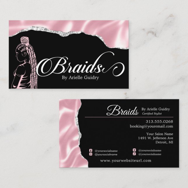 Hair Braiding Braid Salon Silver & Pink Glam Business Card (Front/Back)