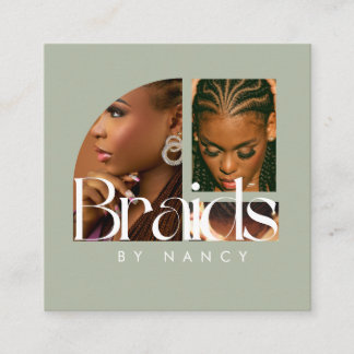 Hair Braiding Photo Collage Sage Green Square Business Card