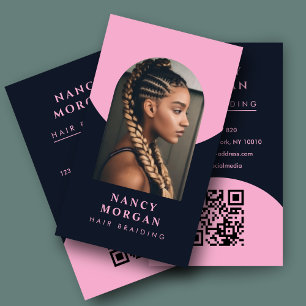 Hair Braiding Qr Code Arch Photo Pink And Navy Business Card
