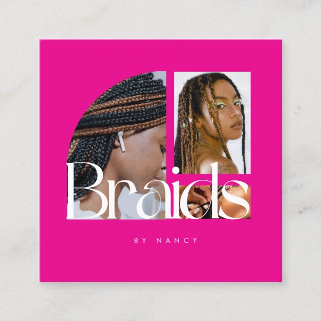 Hair Braiding Salon Photo Collage Hot Pink  Square Business Card (Front)