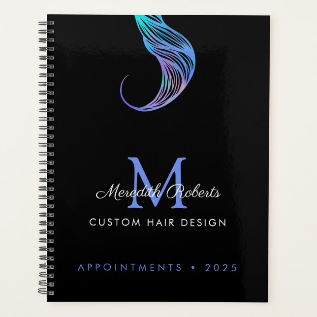  Hair Colourist Stylist Opal Blue on Black Monogra Planner (Front)
