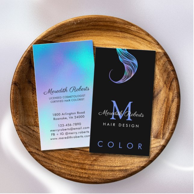 Hair Colourist Stylist Opal Blue on Black Monogram Business Card (Creator Uploaded)