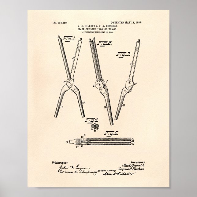 Hair Curling Iron 1907 Patent Art Old Peper Poster (Front)