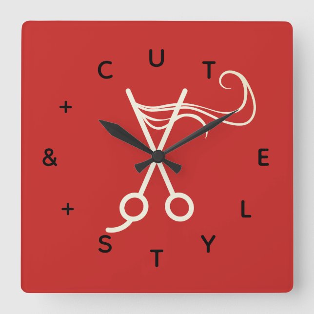 Hair Cut Scissors Letter Numbers Square Wall Clock (Front)