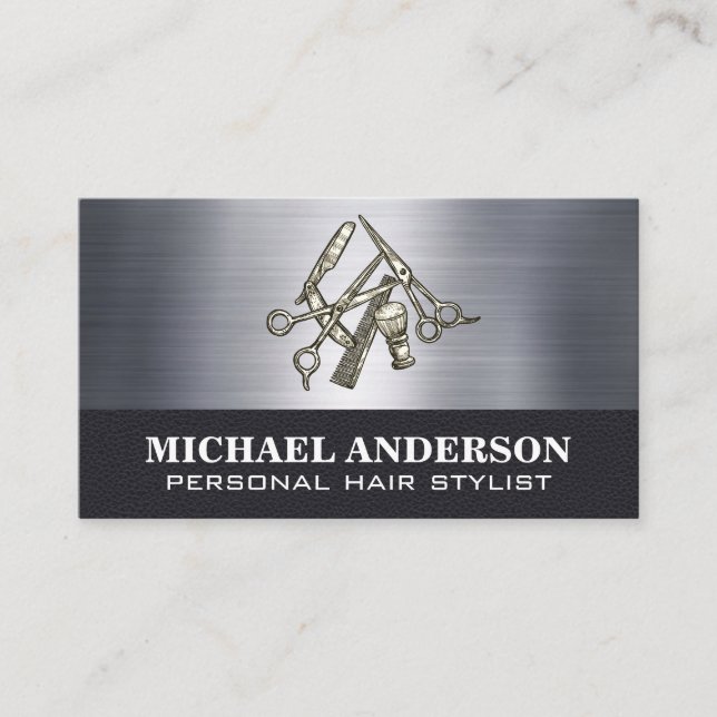 Hair Cut Tools | Metallic | Leather Business Card (Front)