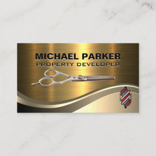 Hair Cutting Scissors Barber Pole Gold Metal Business Card