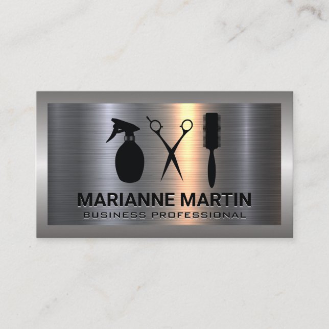 Hair Cutting Tools | Metallic Background  Business Card (Front)
