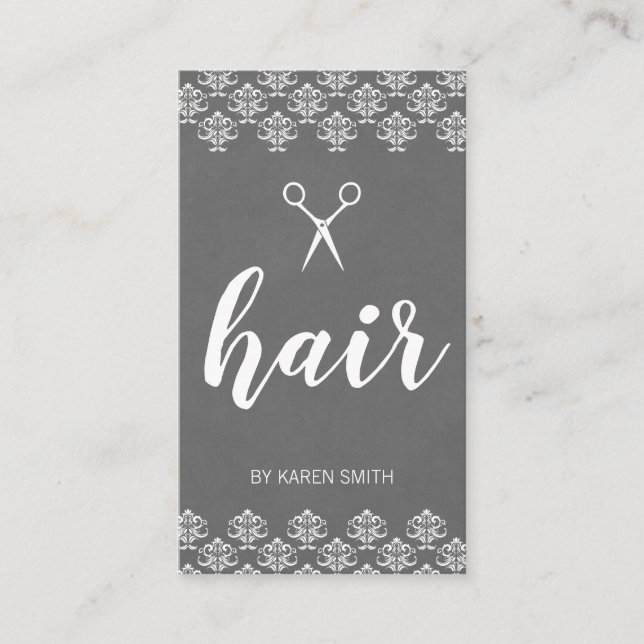 Hair Damask (Grey) Business Card (Front)