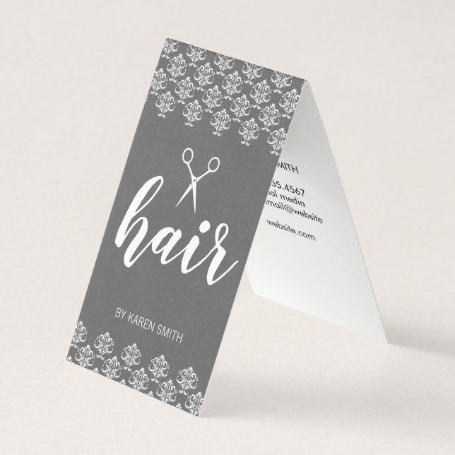 Hair Damask (Grey) Business Card (Front)