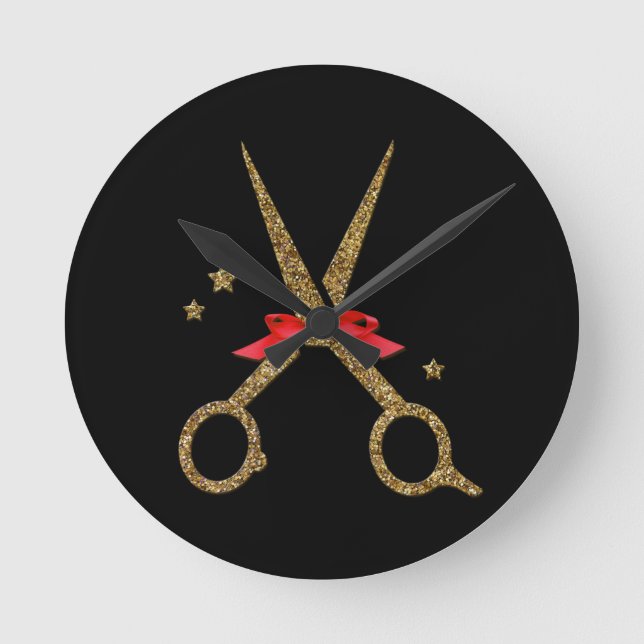 HAIR dresser stylist gift golden glitter scissors Round Clock (Front)