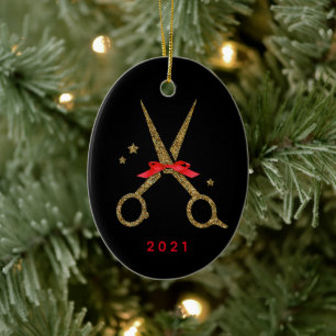 Hair dresser stylist Golden glitter scissors Ceramic Tree Decoration