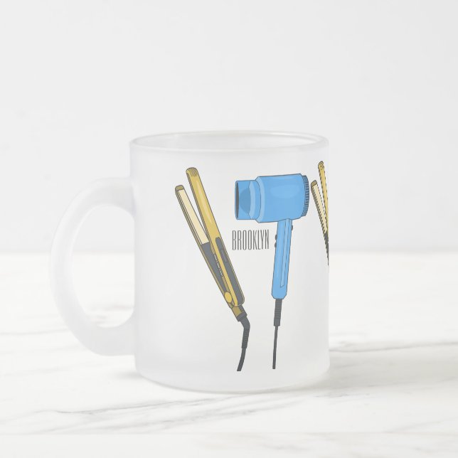 Hair dryer & hair straightener illustration frosted glass coffee mug (Left)