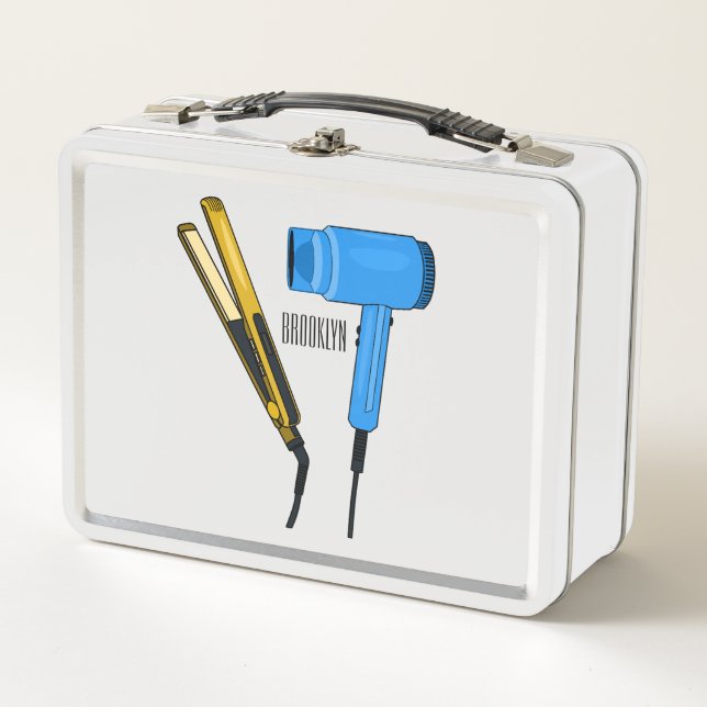 Hair dryer & hair straightener illustration metal lunch box (Front)