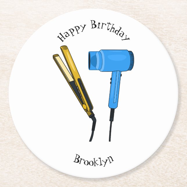 Hair dryer & hair straightener illustration round paper coaster (Front)