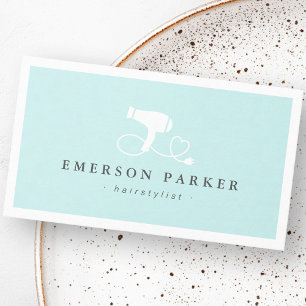Hair dryer heart cord light aqua blue hairdresser business card