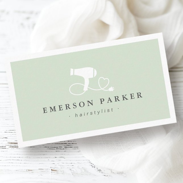 Hair dryer heart cord light sage green hairdresser business card (Hair dryer heart cord light sage green hairdresser business card)