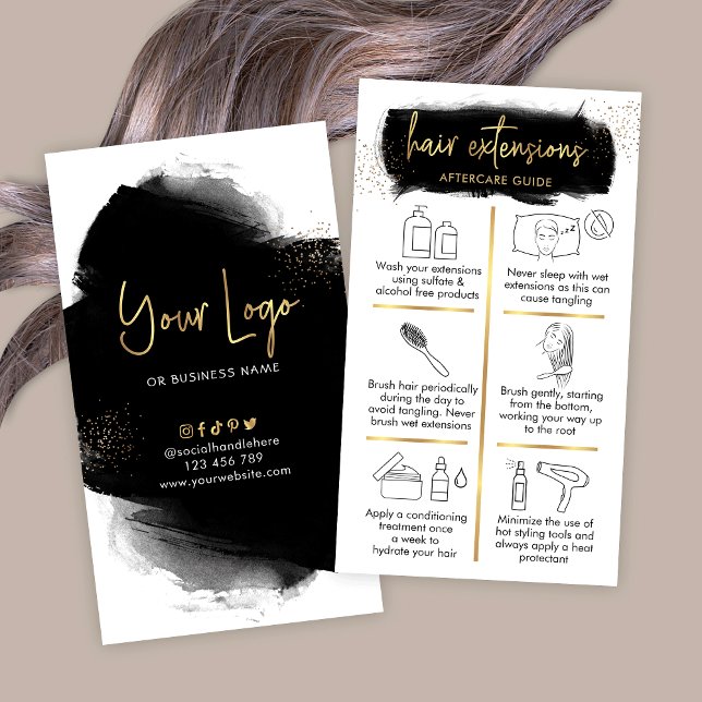 Hair Extensions Aftercare Black & Gold Hairstylist Business Card (Luxurious black and gold hair extensions aftercare instructions cards with icons and gold effects)
