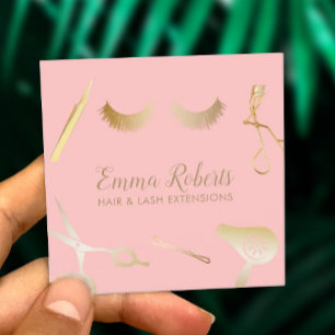 Hair & Eyelash Extensions Modern Blush Pink & Gold Square Business Card