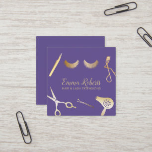 Hair & Eyelash Extensions Modern Violet & Gold Square Business Card